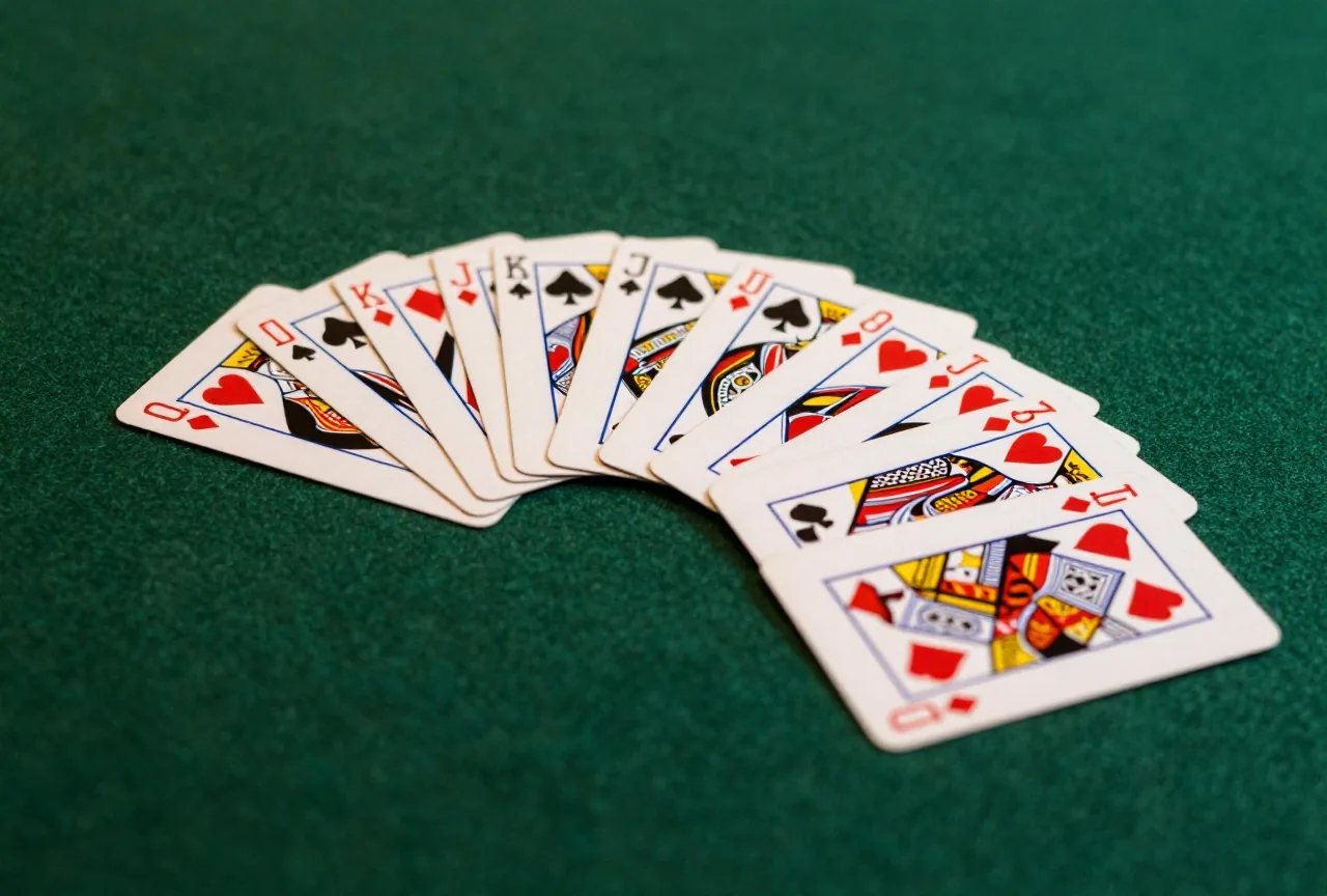 Mehrere Spielkarten einer Farbe liegen im Bogen aufgefächert auf dunkelgrünem Filz