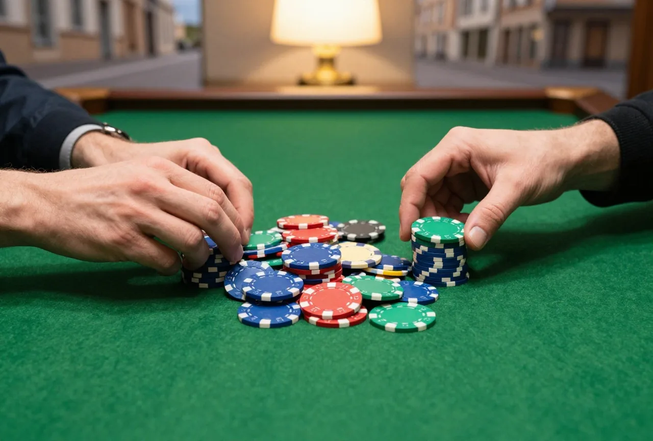 Zwei Hände teilen einen Haufen bunter Pokerchips auf grünem Filz in zwei gleich hohe Stapel