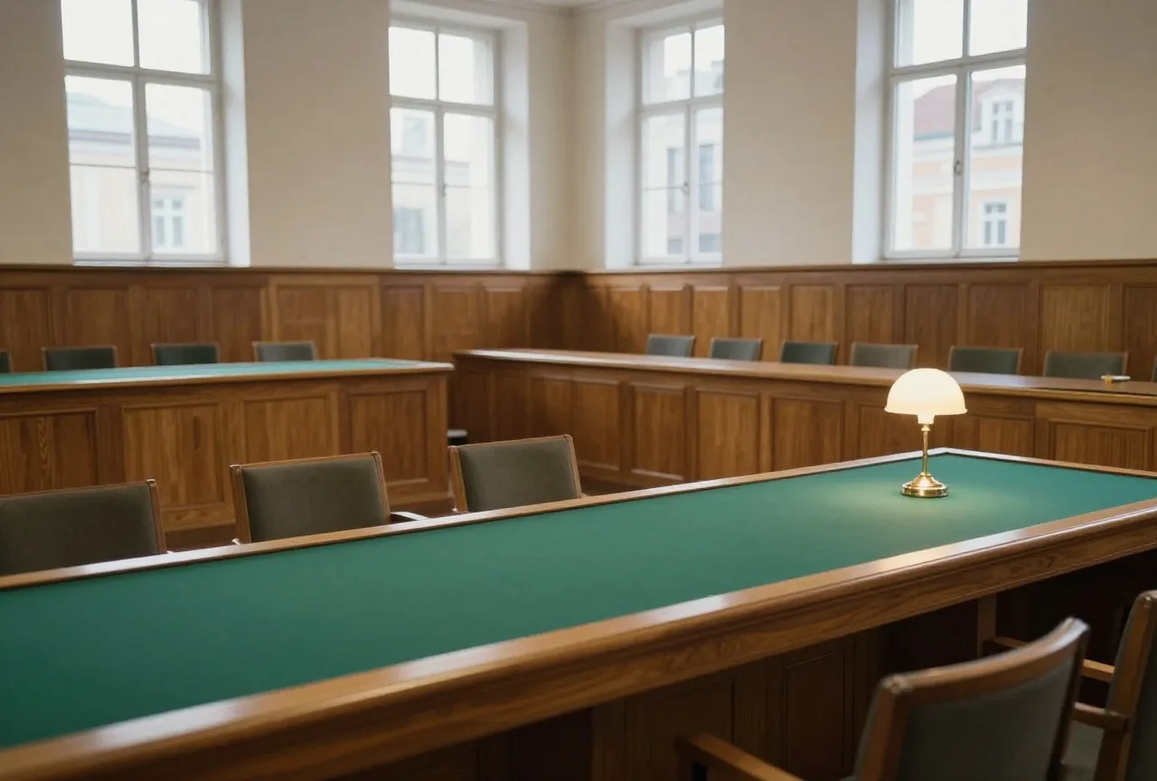 Ein leerer Gerichtssaal mit Holzvertäfelung, einer langen Richterbank und leeren Stuhlreihen im Tageslicht