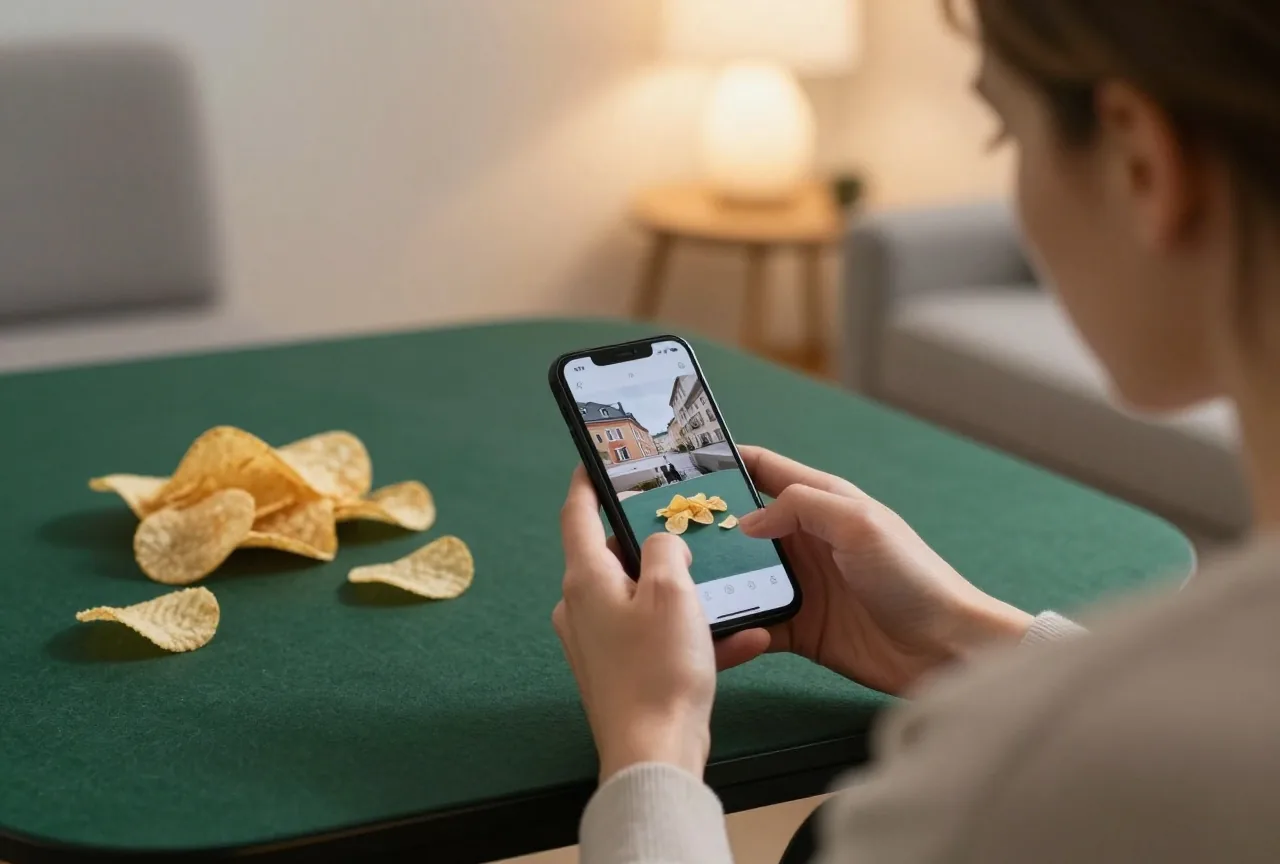 Eine erwachsene Person sitzt abends auf dem Sofa und hält ein Smartphone, von hinten gesehen