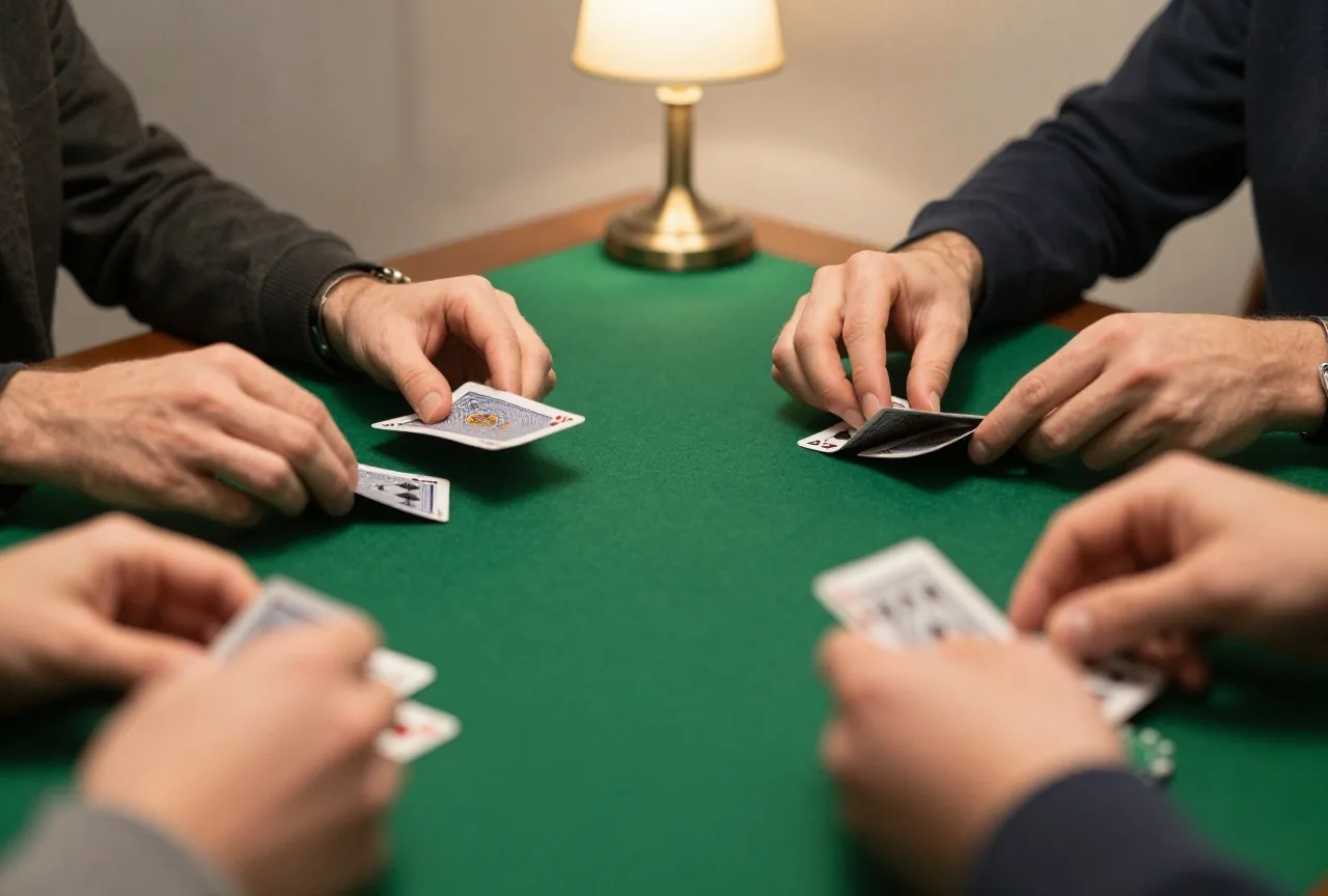 Hände mischen ein Kartenspiel über einem grünen Filztisch, die Karten sind in der Bewegung unscharf