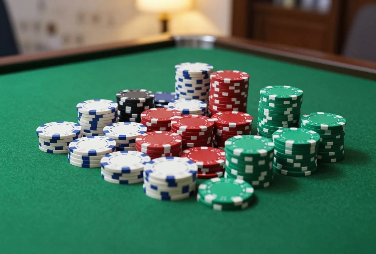Pokerchips in Weiß, Rot und Grün zu gleich hohen Türmchen sortiert auf grünem Filz