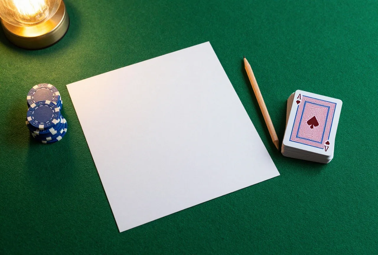 Ein gefaltetes leeres Blatt und ein Bleistift liegen neben einem Kartenspiel auf grünem Filz