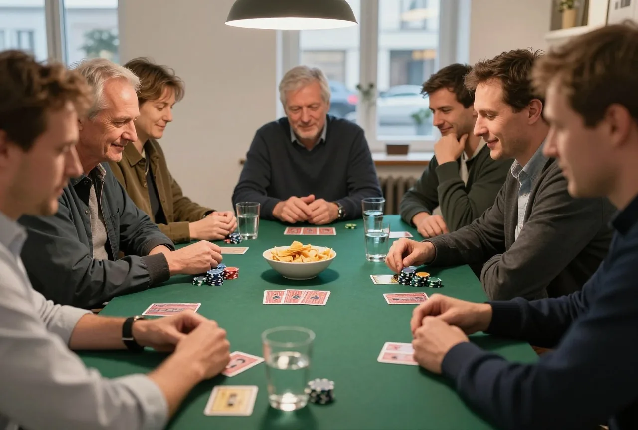 Sechs Erwachsene sitzen am Esstisch beim Kartenspiel mit Chips, dazu Knabbereien und Wassergläser