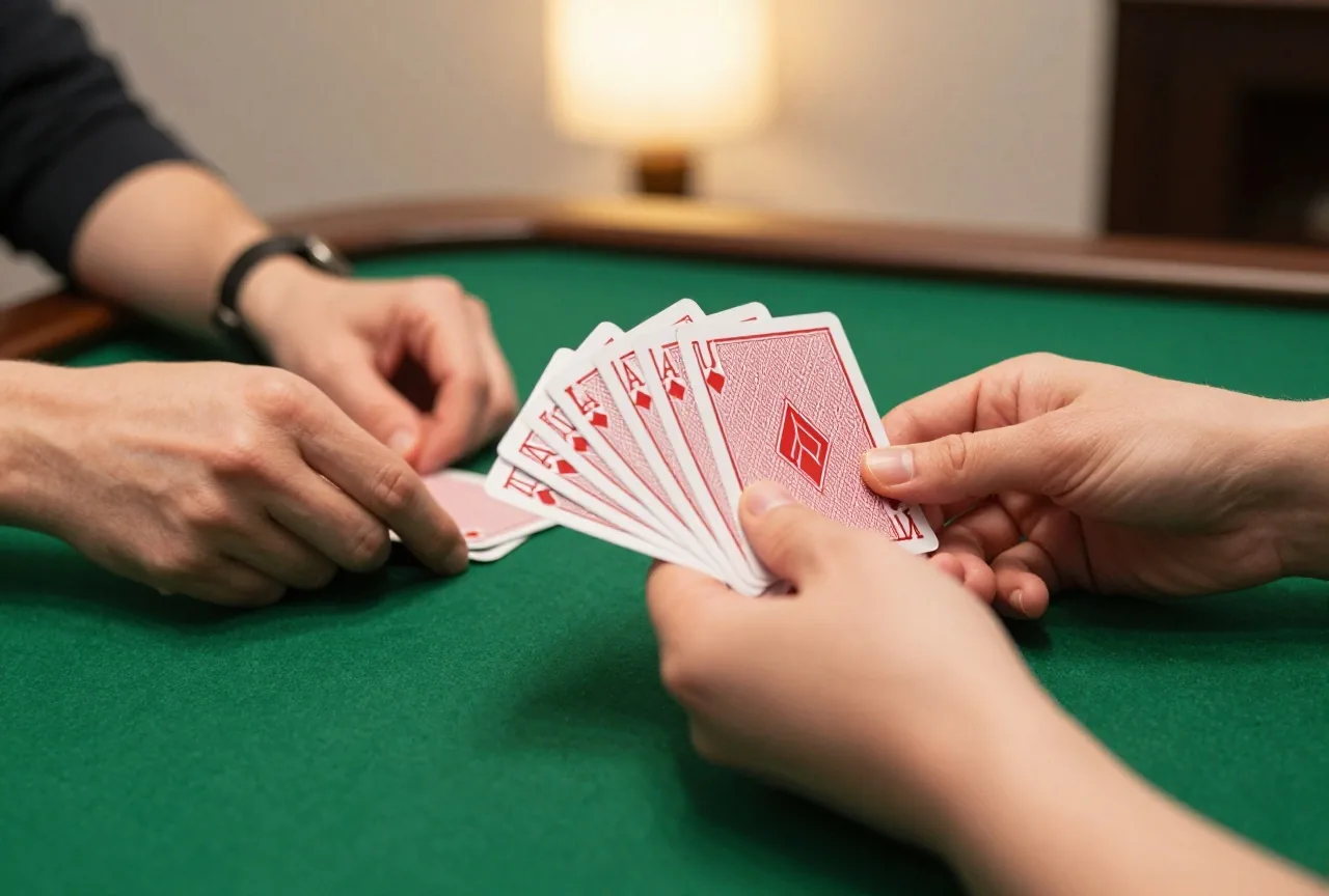 Zwei Hände fächern verdeckte Spielkarten über einem grünen Filztisch auf