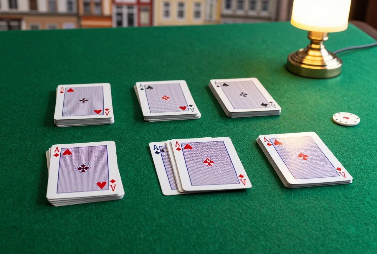 Vier ordentliche Stapel verdeckter Spielkarten und eine runde Dealer-Scheibe auf grünem Filz