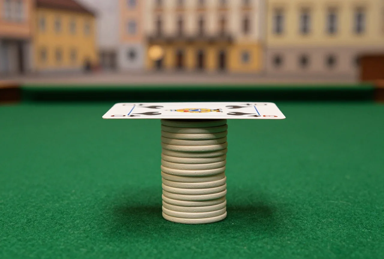 Eine einzelne verdeckte Spielkarte liegt auf einem hohen Stapel schlichter Chips vor grünem Hintergrund