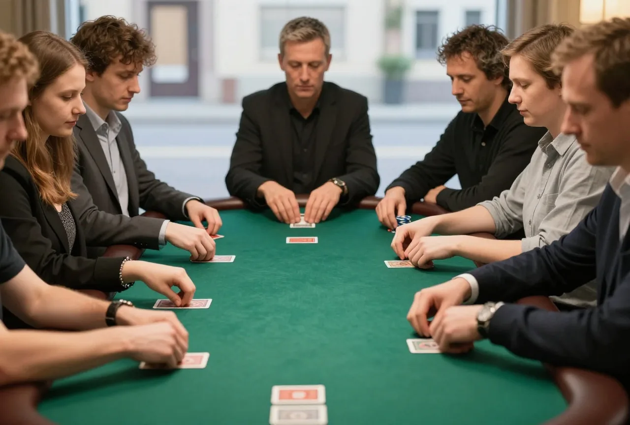 Blick über einen grünen Pokertisch, an dem mehrere Erwachsene mit verdeckten Karten sitzen