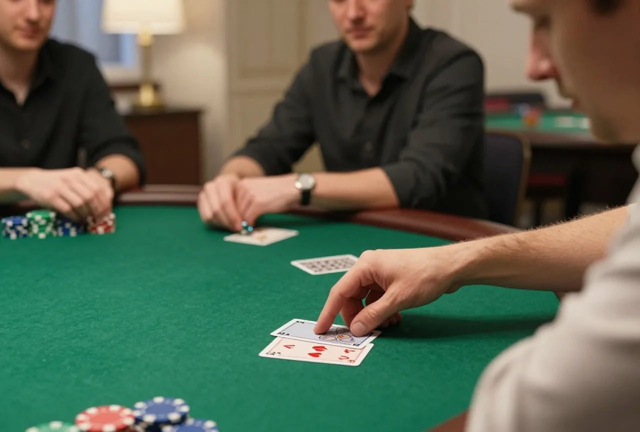 Ein Erwachsener legt am grünen Pokertisch zwei Karten ab, die Mitspieler schauen unscharf im Hintergrund zu