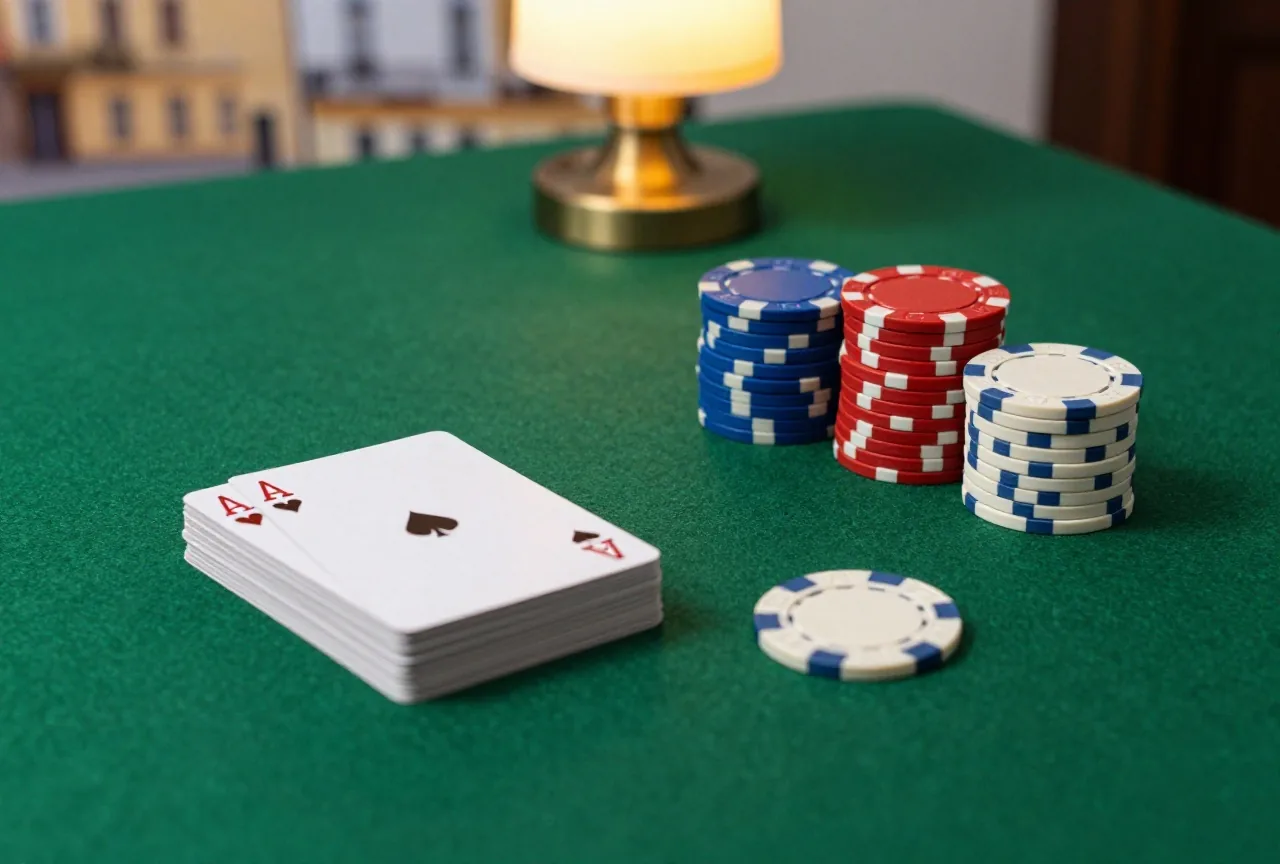 Ein Kartenstapel, eine runde Dealer-Scheibe und Chipstapel in drei Farben auf grünem Filz