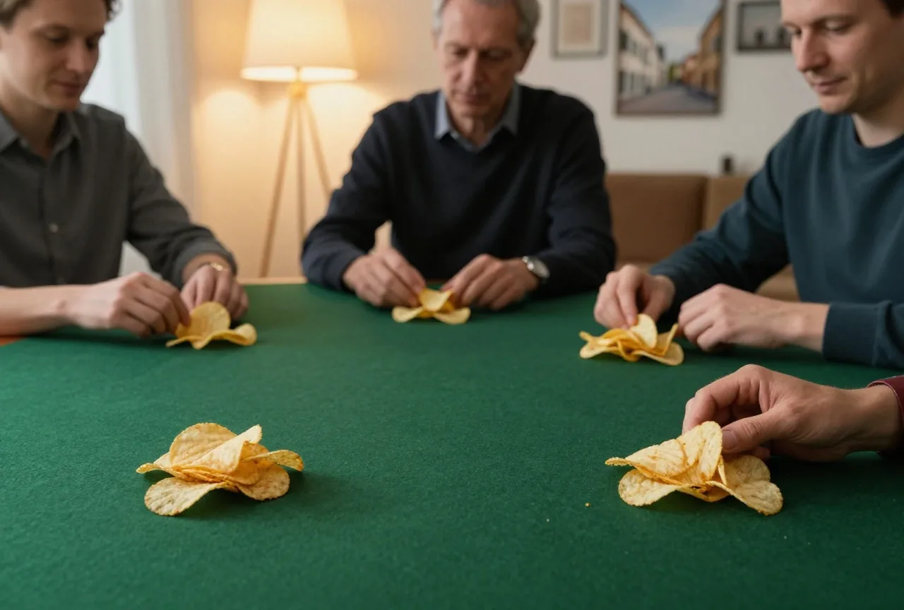 Drei Erwachsene sitzen entspannt an einem grünen Tisch im Wohnzimmer, vor jedem unterschiedlich hohe Chipstapel