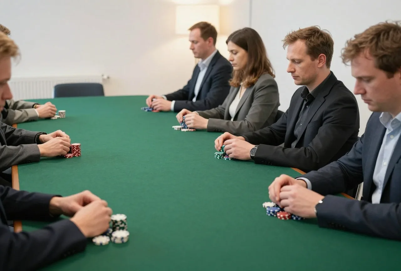 Mehrere grüne Tische in einem hellen Saal, an jedem sitzen Erwachsene mit gleich hohen Chipstapeln