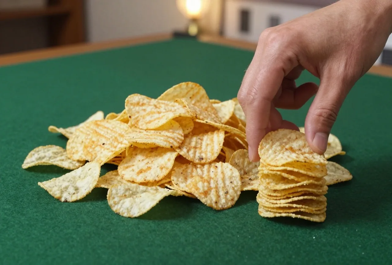 Eine Hand schiebt einen kleinen Chipstapel nach vorn, daneben liegt ein großer Haufen Chips auf grünem Filz