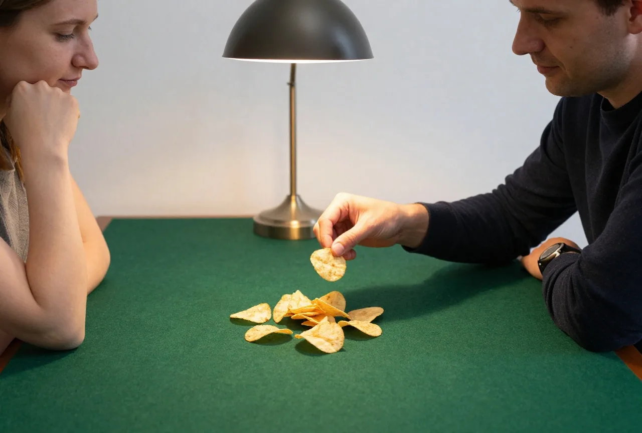 Zwei Erwachsene sitzen sich an einem grünen Filztisch gegenüber, eine Person hält nachdenklich einige Chips