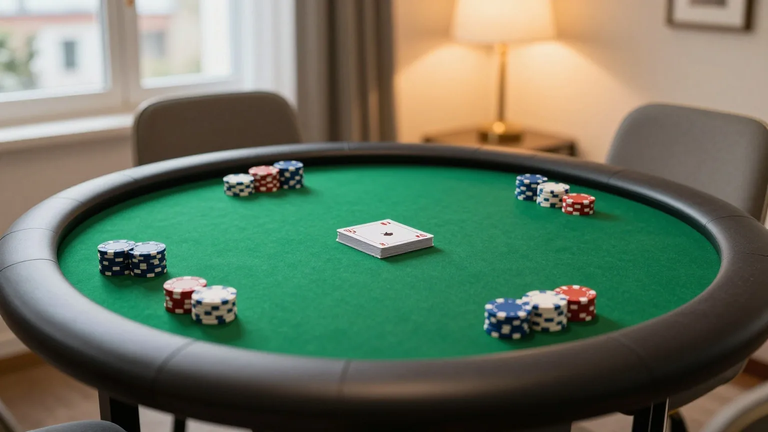 Kleiner Pokertisch mit grünem Filz im Wohnzimmer, Chipstapel an jedem Platz und ein verdeckter Kartenstapel in der Mitte