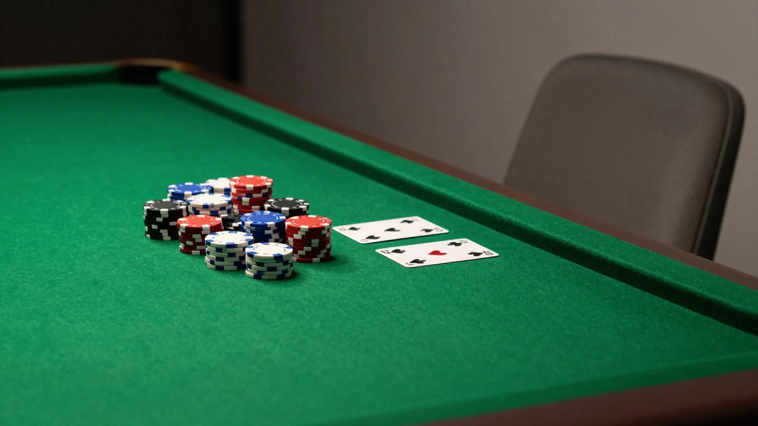 Ein grüner Filztisch mit gestapelten Pokerchips und zwei verdeckten Karten, daneben ein leerer Stuhl im Halbschatten