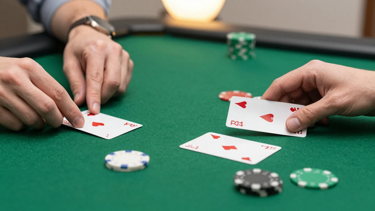 Eine Hand schiebt zwei verdeckte Spielkarten über grünen Filz, daneben eine weiße Scheibe und Chipstapel
