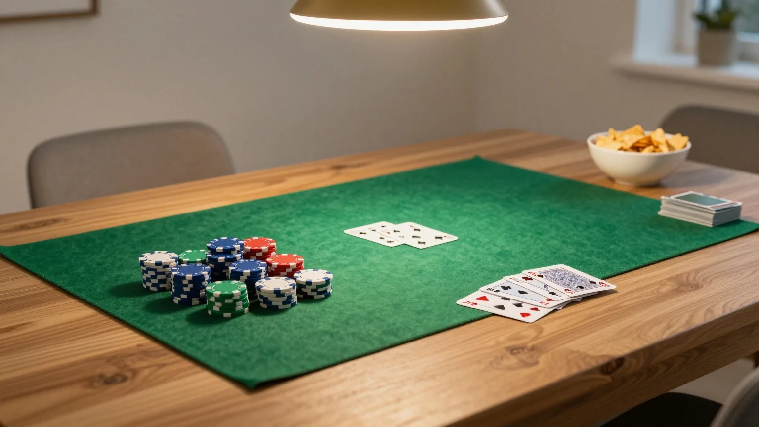 Ein Esstisch mit grüner Filzdecke, gestapelten Pokerchips, einem Kartenspiel und Schalen mit Knabbereien im Lampenlicht