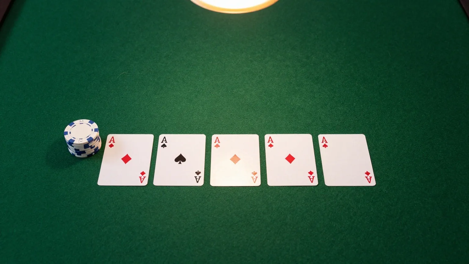Fünf verdeckte Spielkarten in einer Reihe und ein Stapel schlichter Chips auf grünem Filz