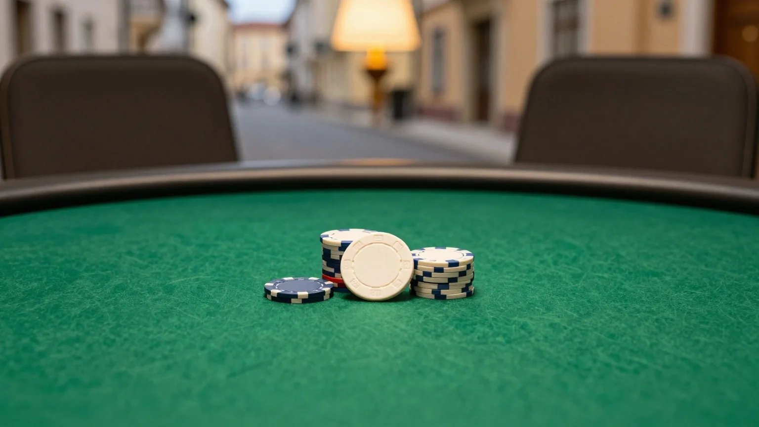 Eine runde Dealer-Scheibe und zwei kleine Chipstapel vor zwei Plätzen am grünen Filztisch