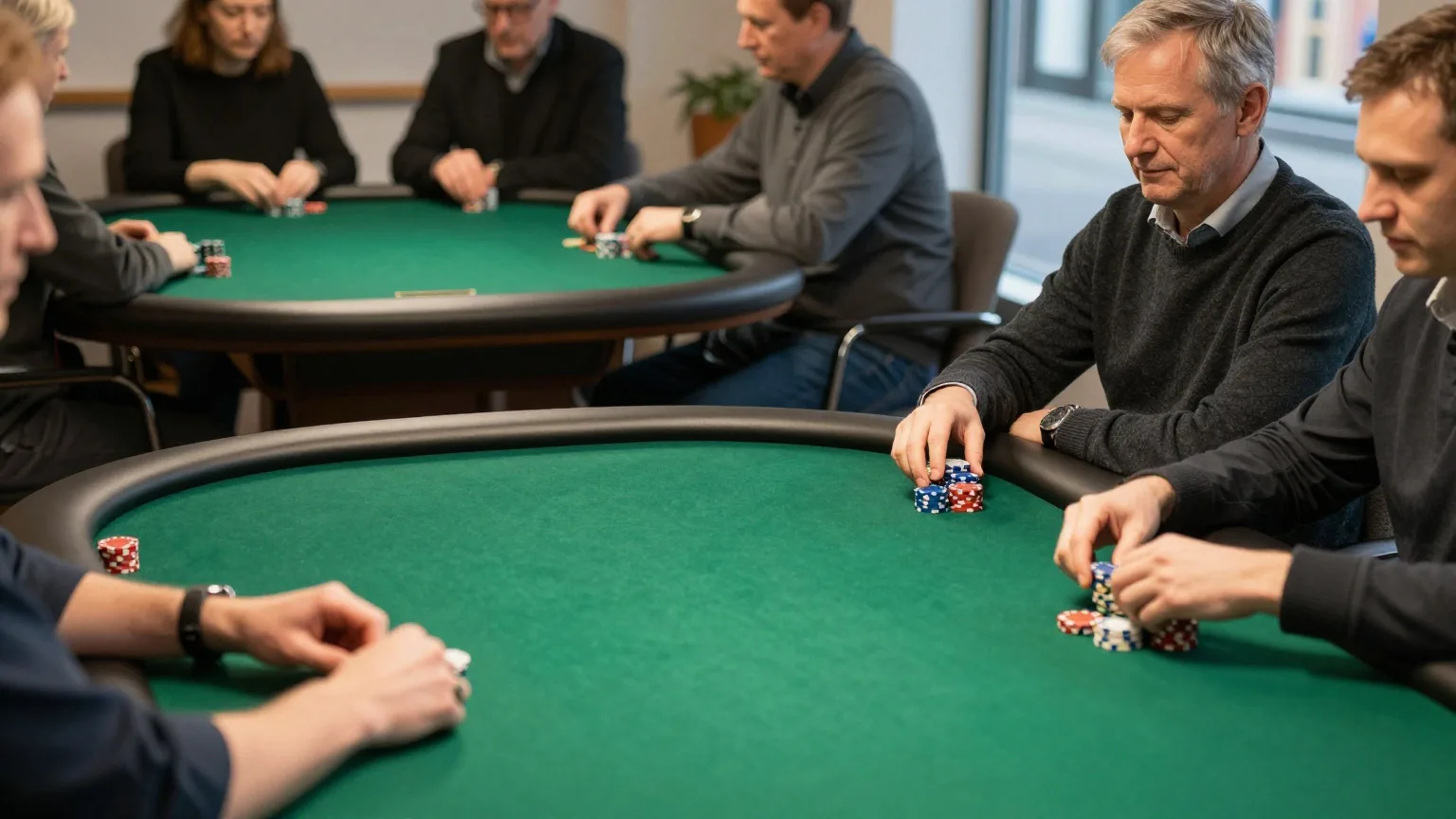 Zwei grüne Pokertische in einem ruhigen Saal, an einem sitzen wenige, am anderen alle Plätze besetzt