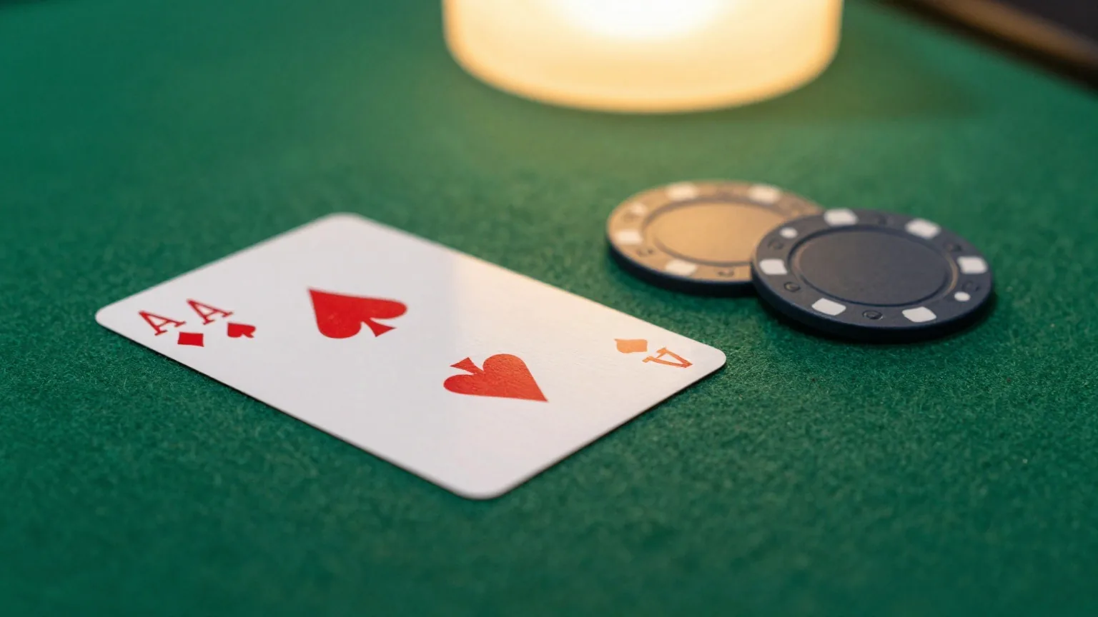 Zwei verdeckte Spielkarten liegen neben einer runden Dealer-Scheibe auf grünem Filz