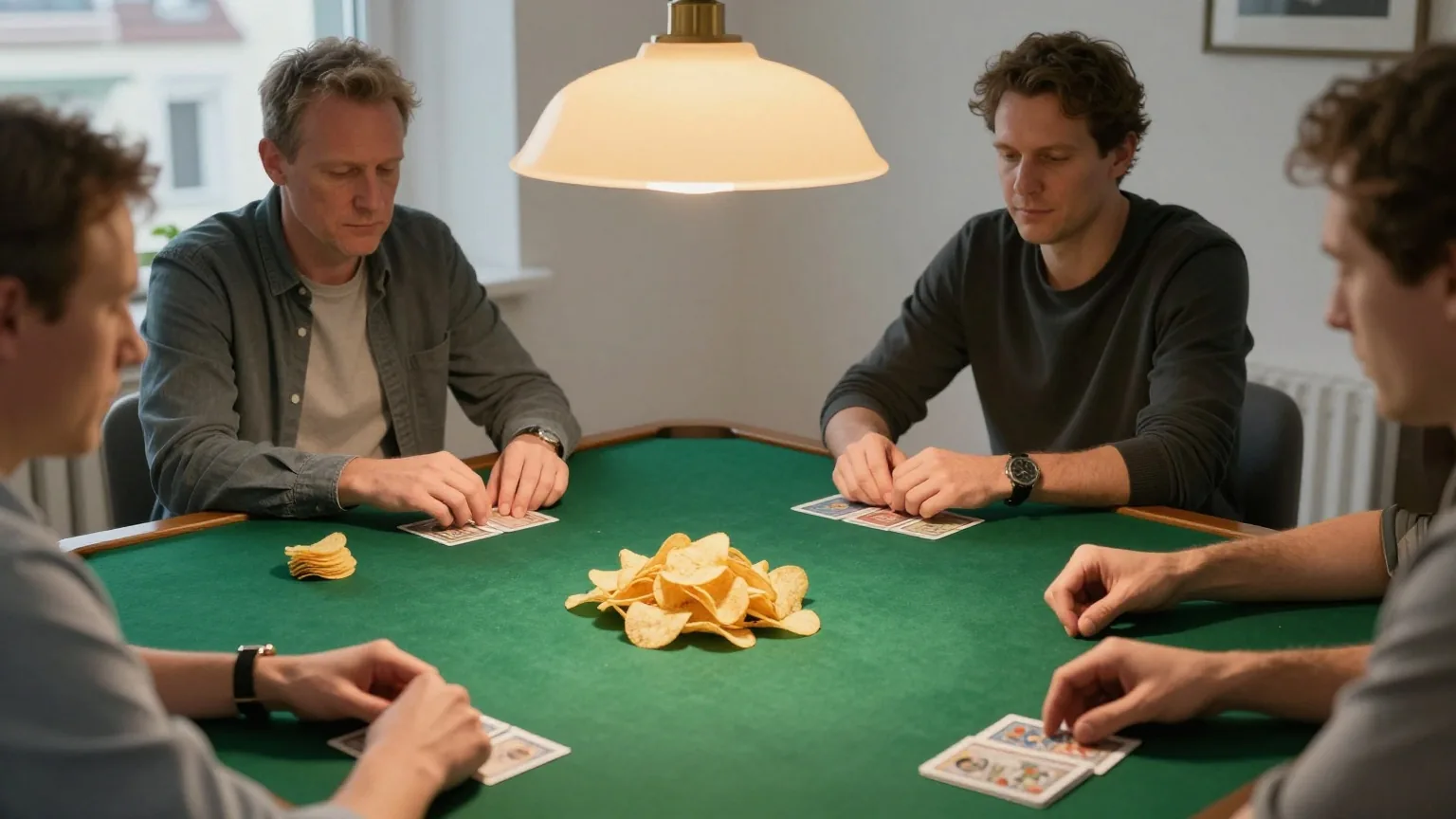 Vier Erwachsene sitzen abends an einem grünen Filztisch mit kleinen Chipstapeln und verdeckten Karten