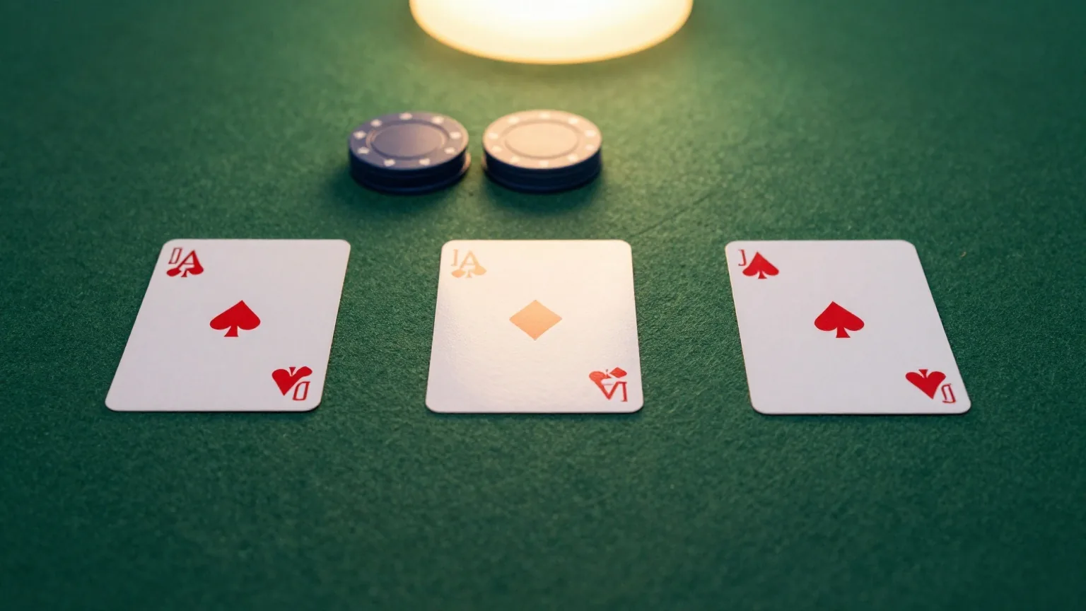 Drei verdeckte Spielkarten in einer Reihe auf grünem Filz neben einem kleinen Chipstapel