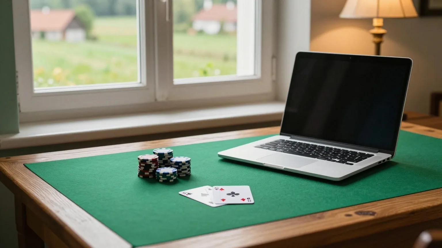 Aufgeräumter Holztisch am Fenster eines Dorfhauses mit zugeklapptem Laptop, Pokerchips und zwei verdeckten Karten