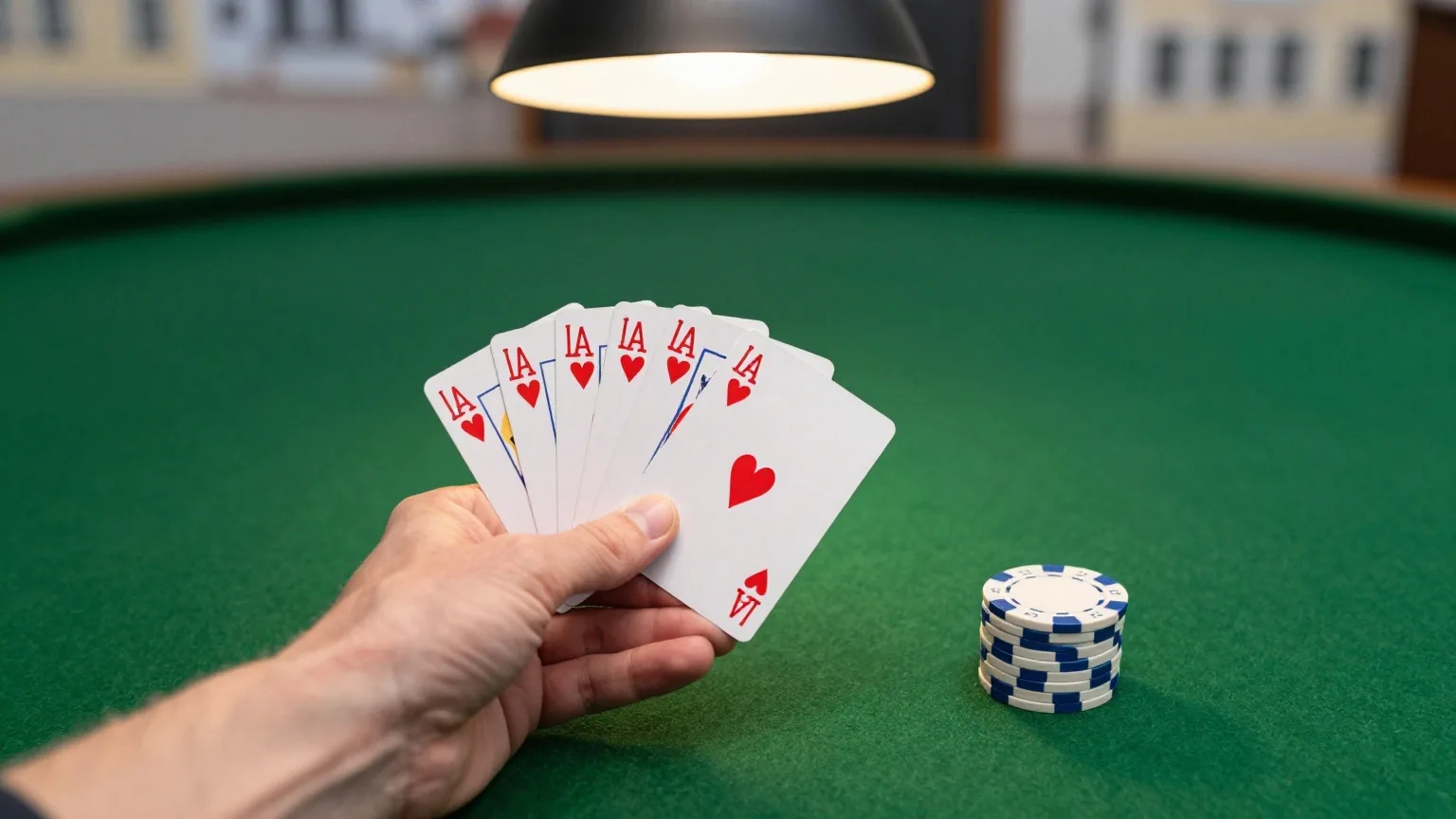 Eine Hand hält fünf verdeckte Spielkarten über einem grünen Filztisch, daneben ein kleiner Chipstapel