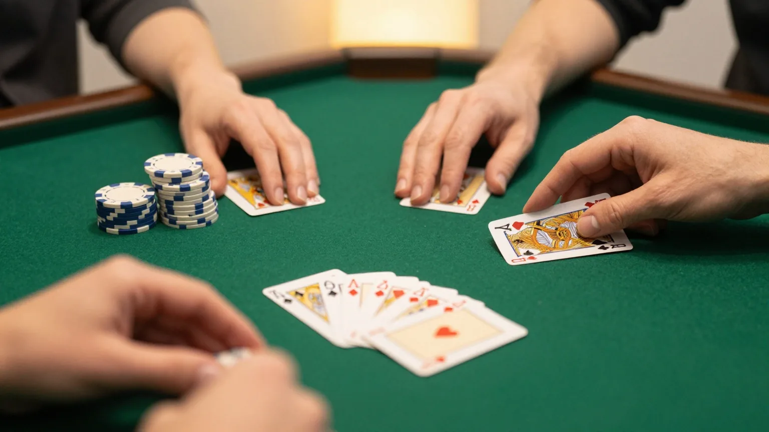 Vier verdeckte Spielkarten liegen leicht aufgefächert vor einem Spieler auf grünem Filz, daneben Chips
